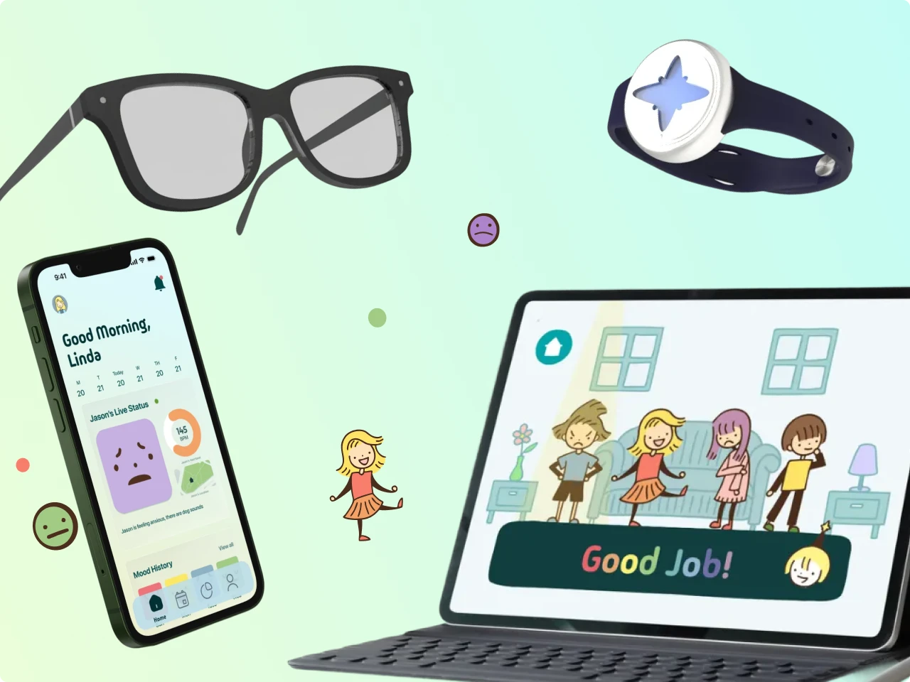 Emora glasses, wristband, parent app on a phone, and a children's emotion game on a tablet